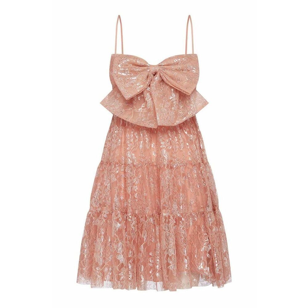 Alice McCall Slow Drive Bow Mini Dress in Blush Pink US 8 Metallic Lace